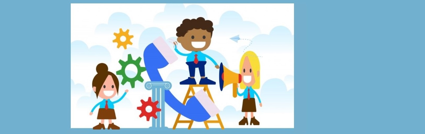 Three young cartoon children in a room with a huge phone receiver, One blonde cartoon character is speaking into a yellow bullhorn to call and report.
