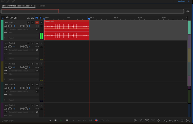 Screenshot of Track 1 in Adobe Audition with the button labeled R active and red. The track displays audio waveforms being recorded