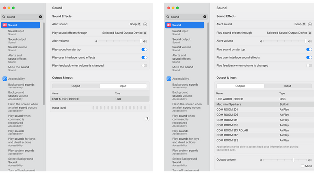 Two screenshots of the MacOS Sound menu, the first image shows USB Audio Codec as the input source, and the second shows Mac mini speakers as the output 