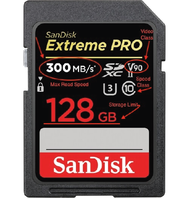 The image displays a SanDisk Extreme Pro SD card. Labeled with 300 M B/S as teh Max Read Speed, V90 as the video class, 10 as the speed class, with a 128 GB storage limit. 