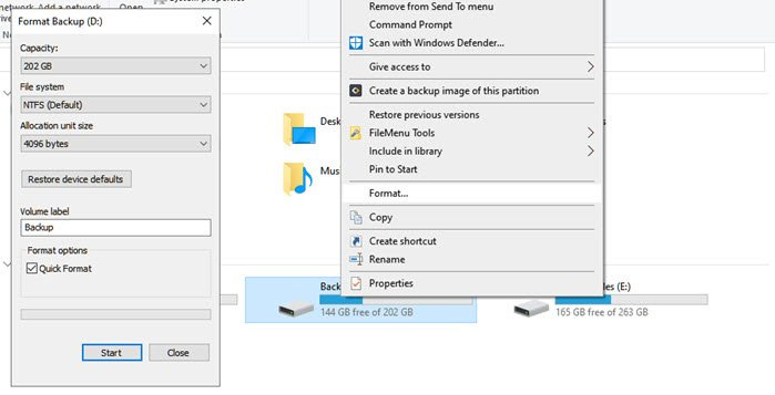 Screenshot of Windows File Manager after right clicking on a hard drive and selecting “Format” from the pop-up menu.