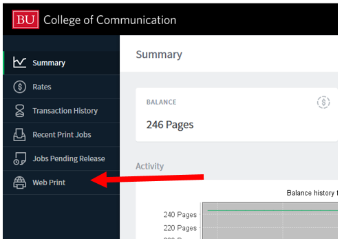 WebPrint Portal Image with an arrow pointing to the bottom left menu item: “Web Print"