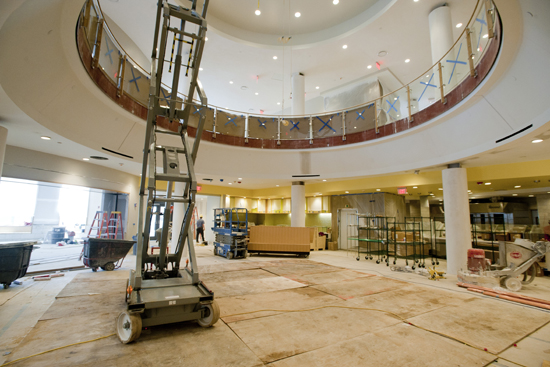 STUCENTER A hand-blown glass chandelier will hang from the second-floor ceiling of the dining hall at the Center for Student Services.
