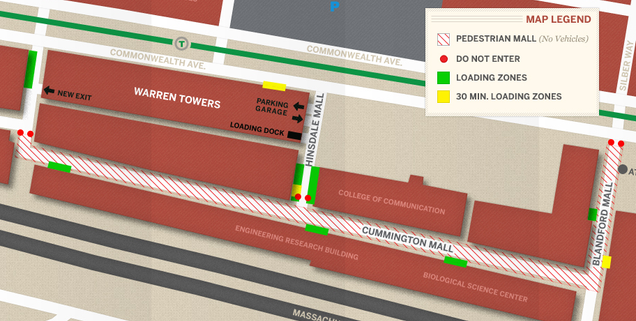 BU bought Blandford, Hinsdale, and Cummington Streets from the city of Boston to create a pedestrian mall. The map above illustrates the parking and traffic changes going into effect today along this stretch of campus. Map by Boston University Interactive Design