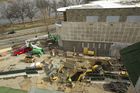CONSTSIGNS Crews are busy transforming the former Hillel House at 233 Bay State Road into the University’s new Admissions Reception Center.