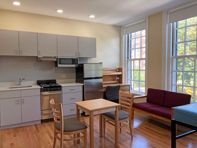 Studio apartment with couch, table, bed, and kitchen