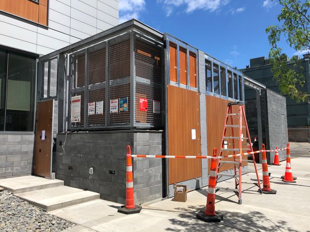 Decorative panels installed at the loading dock gate