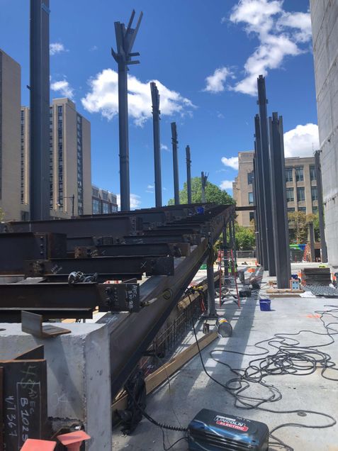 Steel framing for the fixed terrace seating