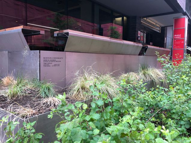 Sign denoting the location of the GSDM time capsule installed June 10, 2021, in the planter bed on East Newton Street, to be...