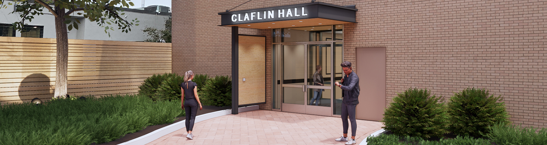 Exterior view rendering of new entrance to Claflin Hall