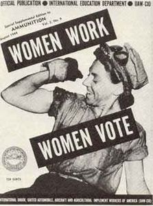 a picture of a woman flexing her bicep with the phrase "women work, women vote"