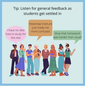 Tip: Listen for general feedback as students get settled in. Quotes are “I have no idea how to study for this test.”, “Yesterday’s lecture just made me more confused.”, and “Wow that homework was harder than usual.