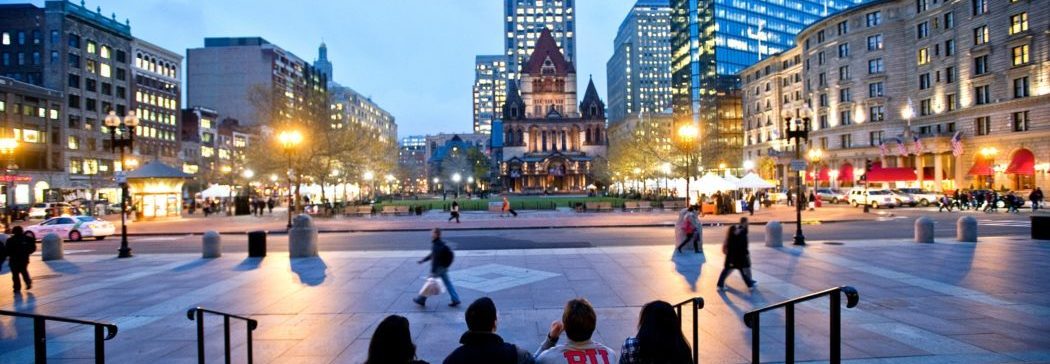 Photo at Boston Library of BU students looking Church.