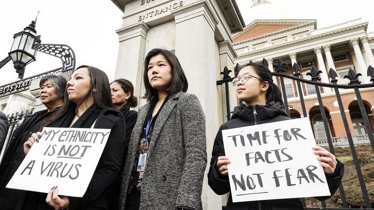 Asian American leaders in Massachusetts condemned what they say is racism, fear-mongering, and misinformation aimed at Asian communities amid the coronavirus pandemic that originated in China, on March 12, 2020