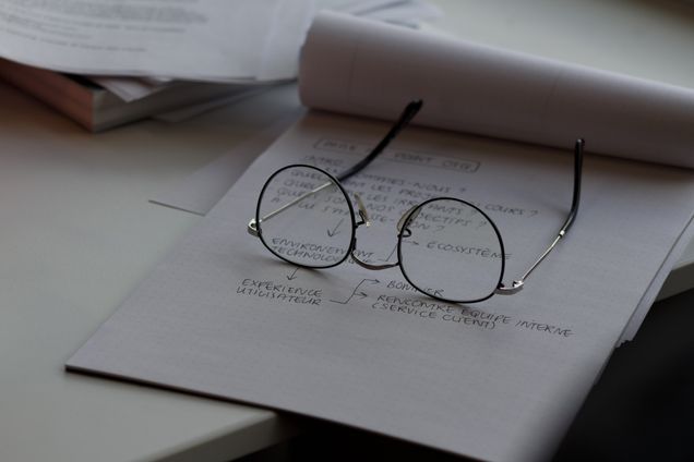 Reading glasses on paper notebook