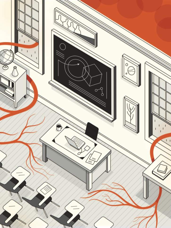 Digital drawing of classroom seen from overhead with stylized roots sprouting throughout