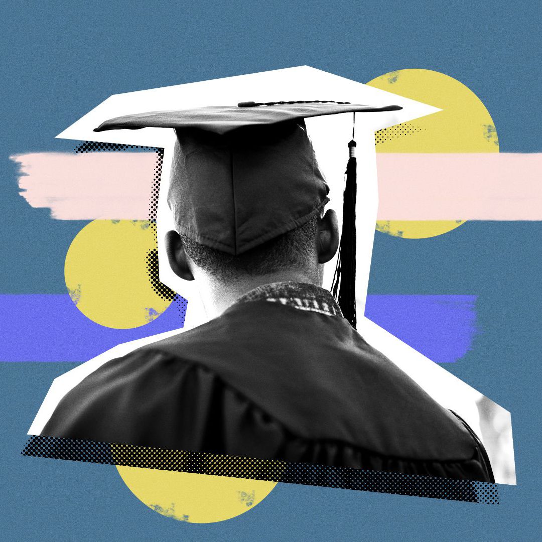 Graphic with overlaid photo of graduate wearing mortar cap and tassle