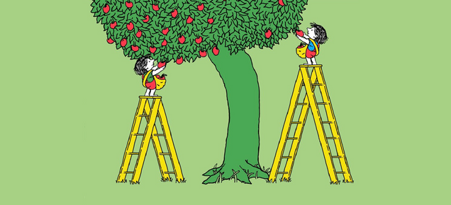 Two people collecting apples with different resources