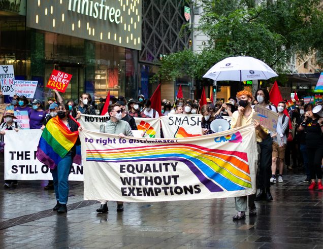 Protestors with signs and banners for LGBQTIA+ equality