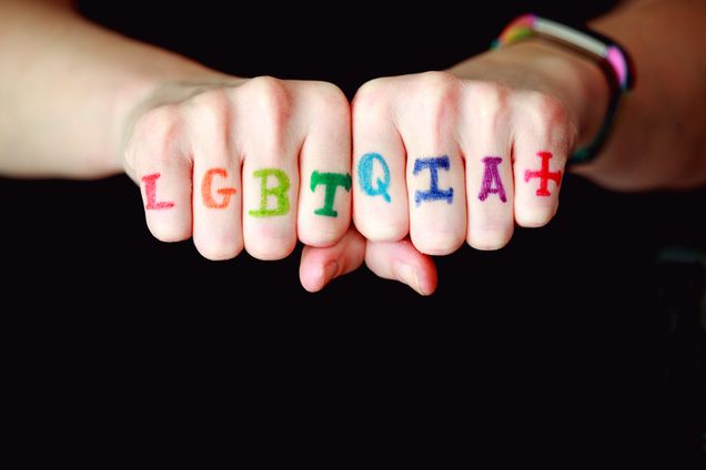 White fists with the words "LGBTQIA+" written on the knuckles