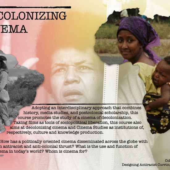 An infographic of a poster titled Decolonizing Cinema