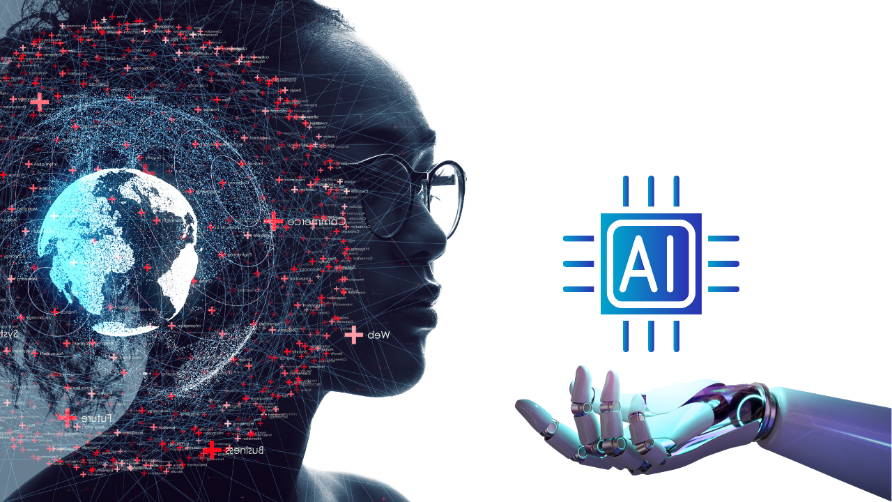 A women's head is covered by a graphic image of an interconnected globe with a robotic hand on the right on the image cradling a graphic block that says "AI"