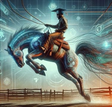 Cowboy riding bucking bronco in corral with technology symbols and imagery in background.