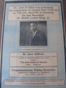 1972 poster marking Boston University's Martin Luther King Jr. commemoration. 1972 poster marking Boston University's Martin Luther King Jr. commemoration.