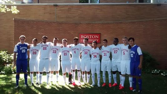 The freshmen on the BU men's soccer team in front of West Campus.