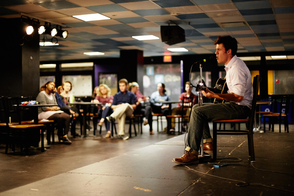 Ben Long (CGS'17) at the BU For Show student talent show. (Photo: Dave Green.)