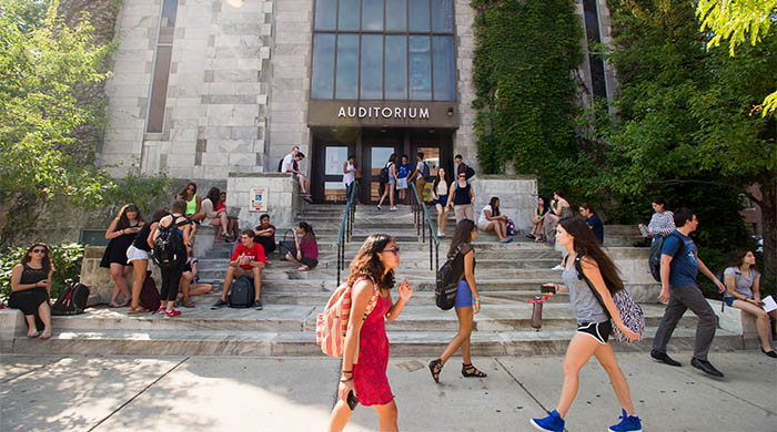 Students come and go from class outside Alfred L. Morse Auditorium in the morning.  Photo by Cydney Scott