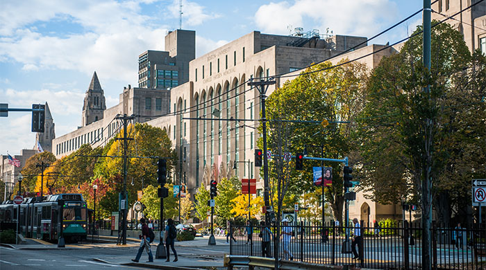 A view of the School of Theology on Commonwealth Avenue