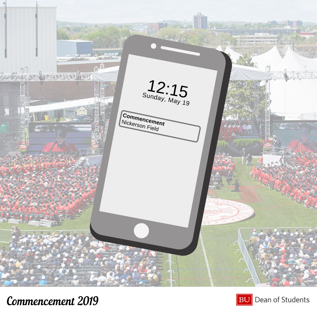 A smartphone with 12:15 as the time and a reminder for Commencement