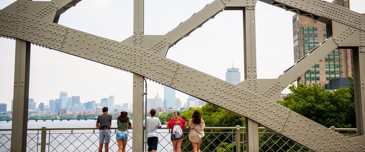 students standing on BU Bridge