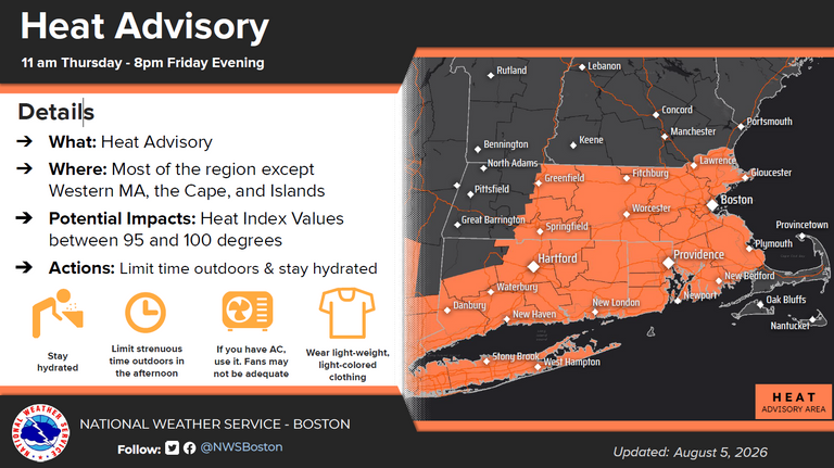 National Weather Service heat advisory map for most of Massachusetts, Connecticut, and Rhode Island, effective 11 a.m. Thursday to 8 p.m. Friday; heat index 95 to 100°F. Safety tips: stay hydrated, limit afternoon outdoor activity, use air conditioning, and wear light-colored clothing.