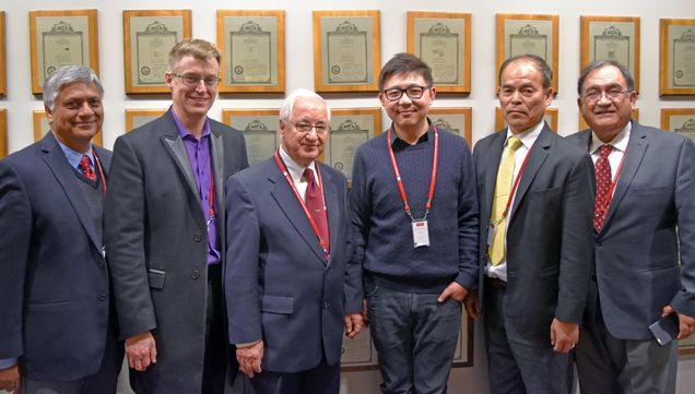 Pictured from left to right: Professor Asif Khan (University of South Carolina), Dr. Robert C. Walker (CEO, RayVio), Professor Theodore D. Moustakas (Boston University), Dr. Yitao Liao (CIO, RayVio), Professor Shuji Nakamura (University of California Santa Barbara), Professor Fernando Ponce (Arizona State University). Photo provided by Gabriella McNevin.