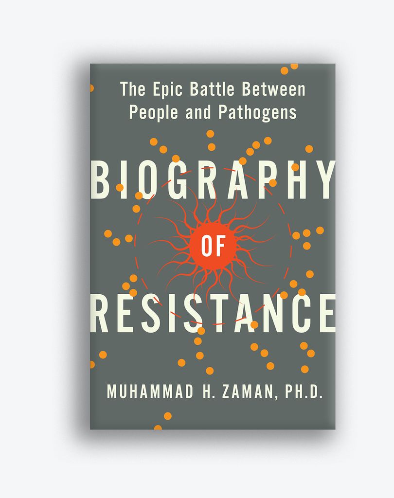 Cover of Muhammad Zaman's book "The Epic Battle Between People and Pathogens: Biography of Resistance" Design shows a swirly sun like illustration around the word "of" with orange dots scattered on a gray background.