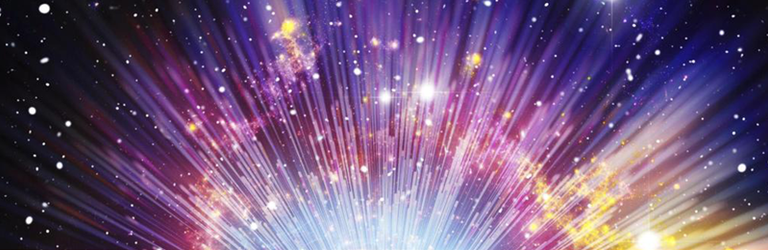 Banner showing a burst of light over a starry sky.