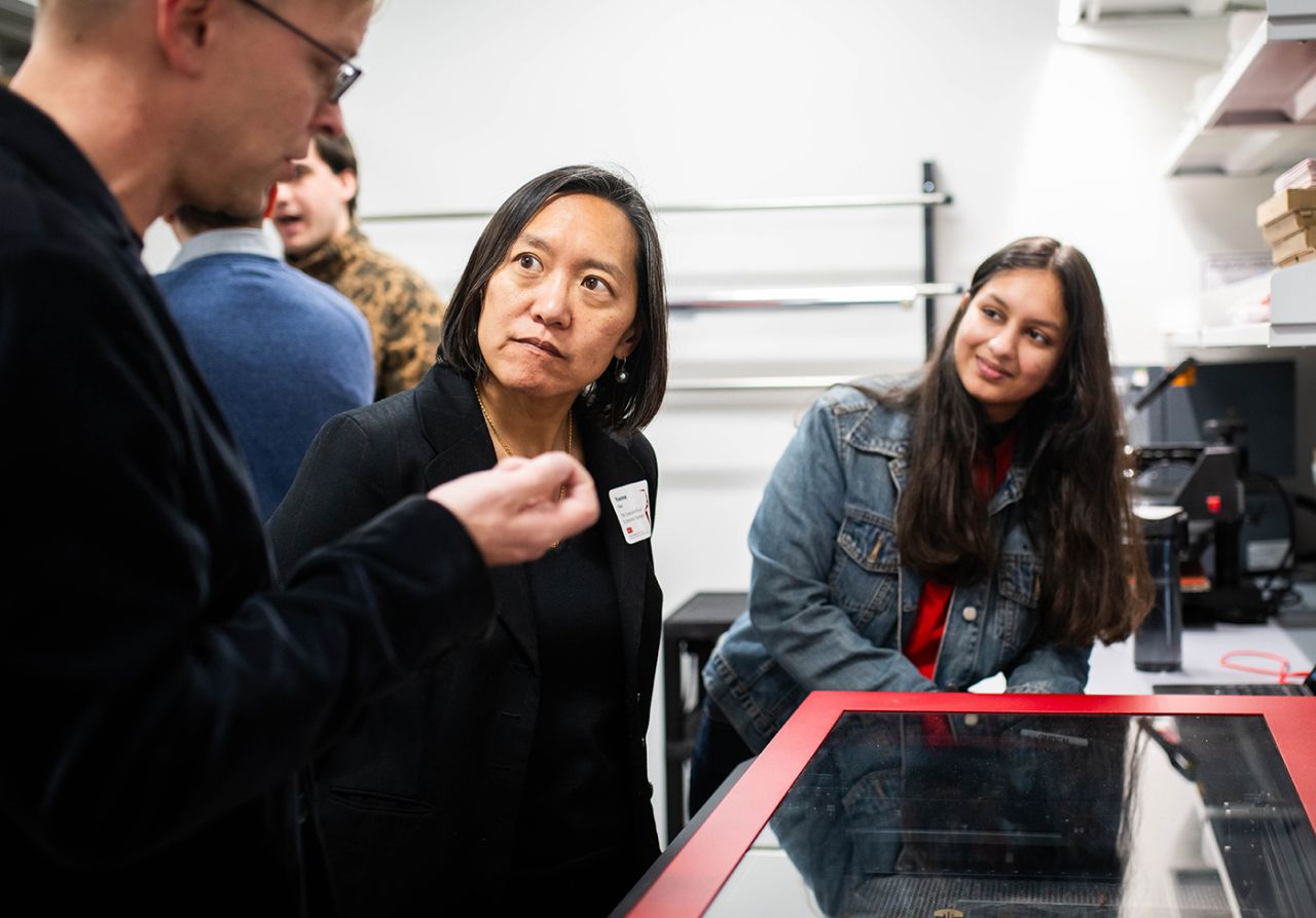 Massachusetts Secretary of Economic Development Yvonne Hao visits BU’s Robotics & Autonomous Systems Teaching and Innovation Center (RASTIC). Photo by Jackie Ricciardi for Boston University Photography.