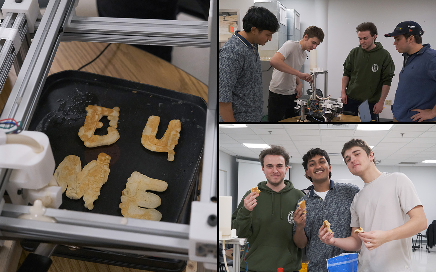 Collage of photos of students and the pancake machine that they made