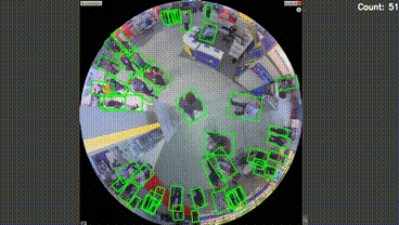 moving image of fisheye camera view of a large open space full of people, where each person is outlined in a neon green box