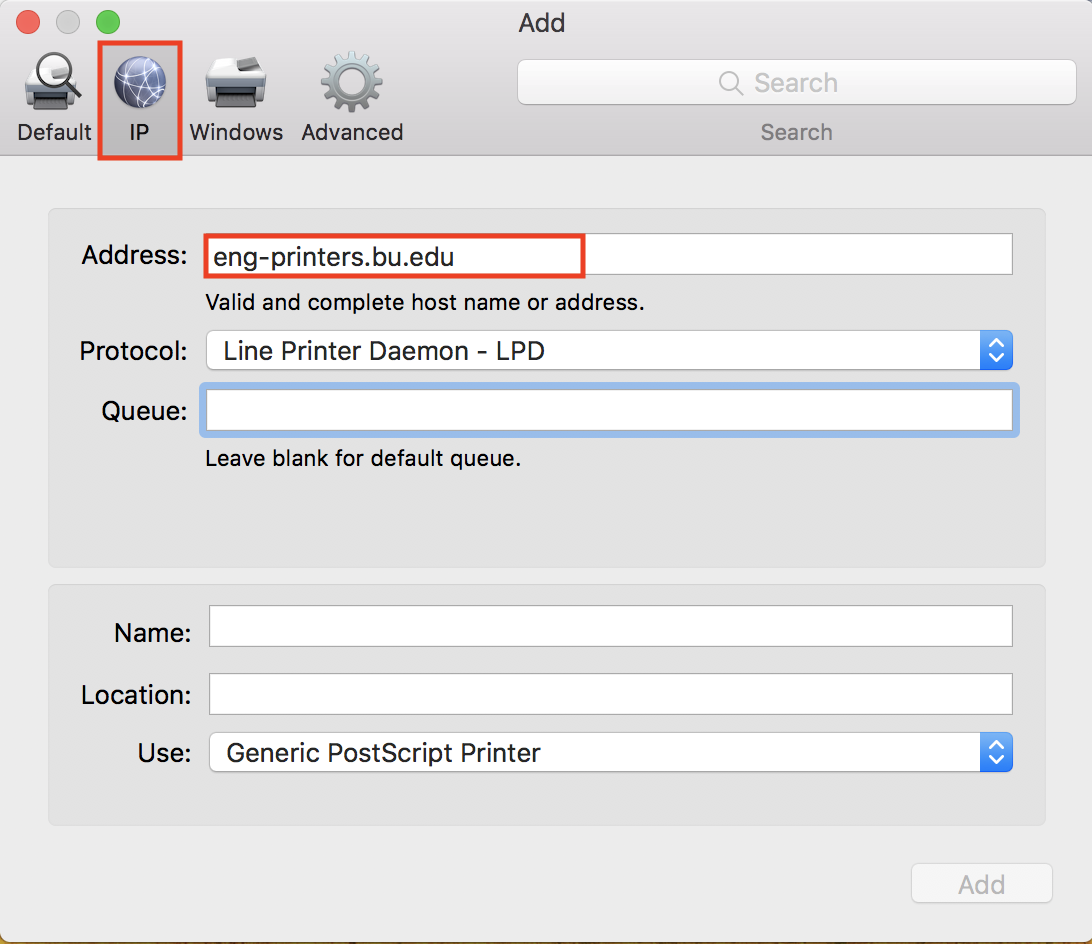 mac add printer via ip