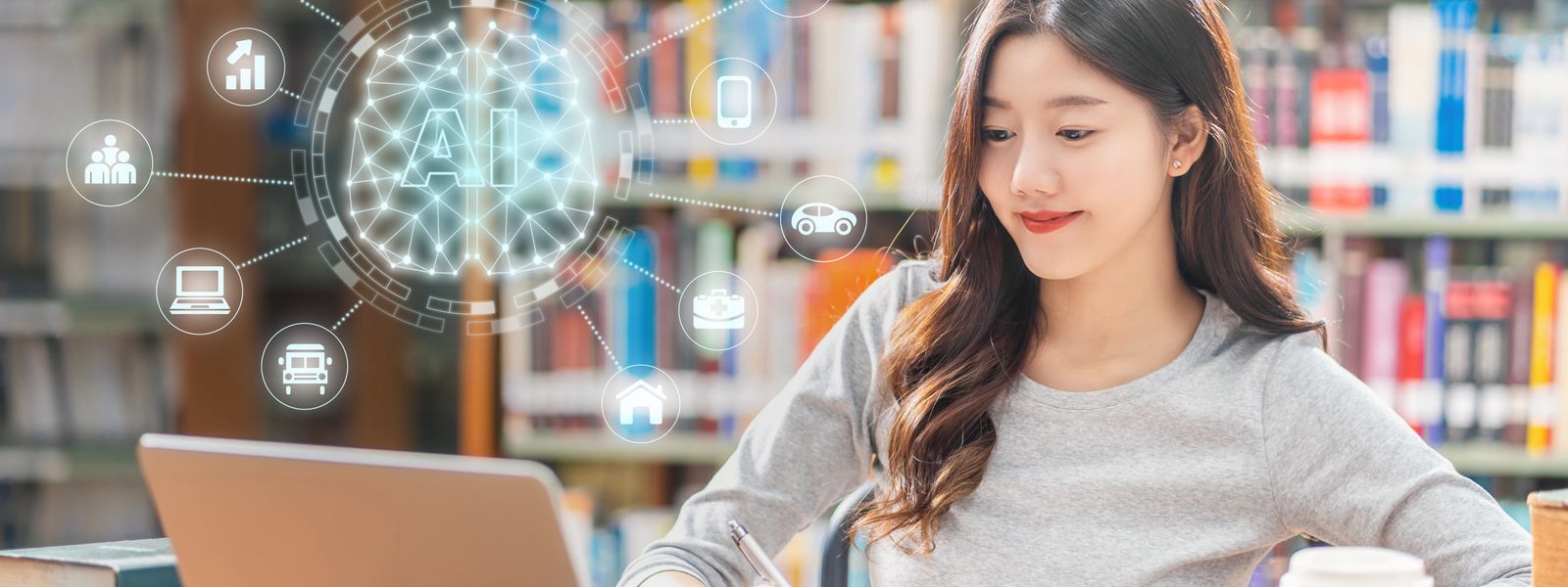 In a library, a young woman is studying with a laptop open in front of her. An AI graphic appears above the computer.