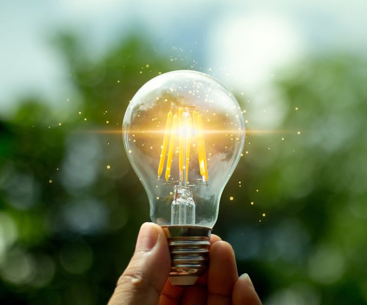 Hand holding a light bulb with light growing for renewable energy.