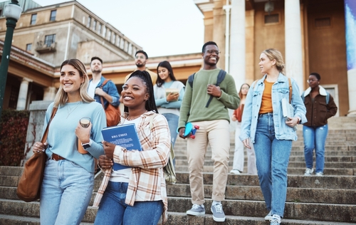 A group of students walking down the steps at a university