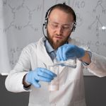 A man in a lab coat stands in a laboratory, holding a test tube and examining its contents.