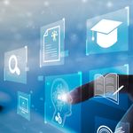A digital interface with technology icons including a search magnifying glass, diploma, graduation cap, AI brain, and open book, touched by a finger, suggesting innovation in education and technology.