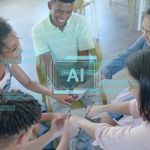 A group of young people sit in a circle holding hands, smiling, with a digital "AI" overlay. The mood is collaborative and upbeat.