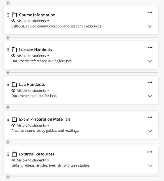 Example of Document-Based Structure. This screenshot features a sample course repository that has a course information folder, and then folders for lecture handouts, lab handouts, exam preparation materials, and external resources.