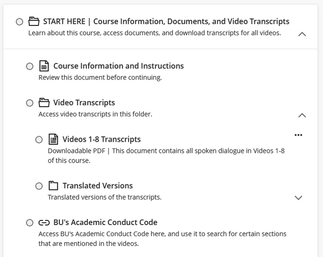 Screenshot of an example folder structure, with the top-level folder containing documents and links, as well as an additional folder inside that contains transcripts. In the transcripts folder, another folder is inside that contains translated versions of the transcripts.